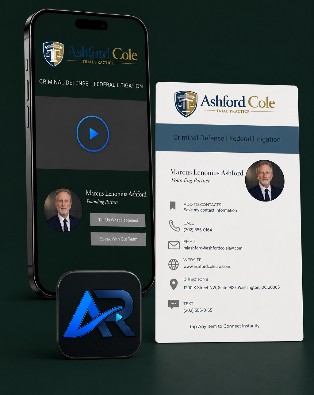Sample Airocard vidcard and bizcard for Ashford Cole Trial Practice, shown on a phone and as a business card